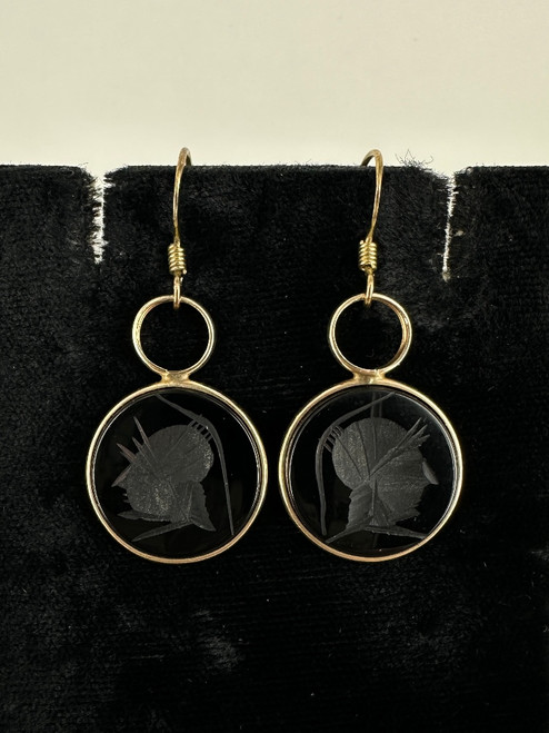 Vintage Gold Filled Black Onyx Roman Soldier Intaglio Dangle/Drop Earrings 1.5"