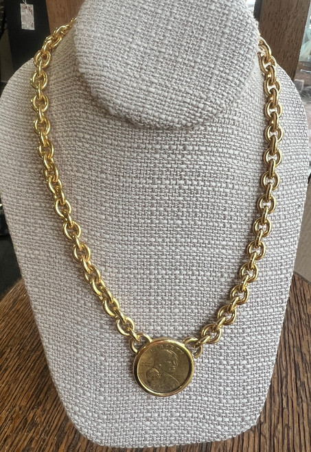 Vintage Real Sacajawa 2000 Gold Plated Coin Pendant Heavy Chain Necklace 18"
