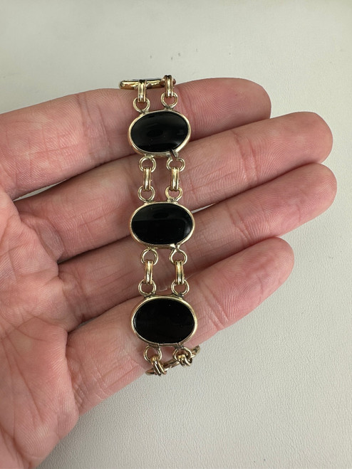 Vintage MCM 12k Gold Filled Oval Black Onyx Link Bracelet 7”