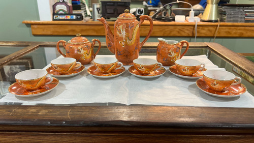 Antique Japanese Victora China Orange Dragonware Demitasse Tea Set for 6 - 15 Pc