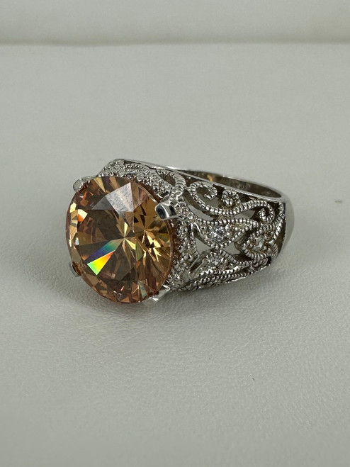 Vintage Sterling Silver Large Yellow CZ Filigree Ring 6.75