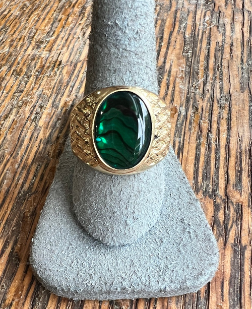 Vintage MCM 14 GE Large Green Paua Shell Signet Lattice Gold Plated Ring Sz 12
