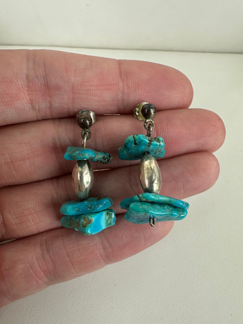 Vintage Sterling Silver Handmade Natural Turquoise Dangle/Drop Earrings 1.25”