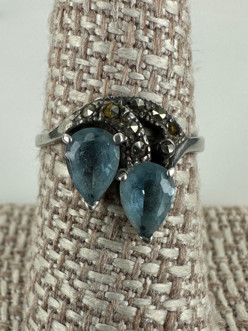 Vintage MCM Sterling Silver Marcasite Baby Blue Quartz Ring 7.25