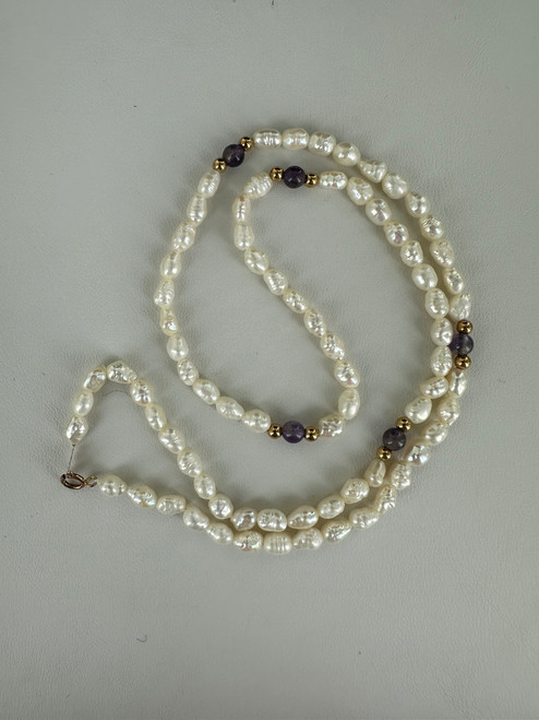 Vintage MCM 14k Gold Pearl Amethyst Bead Necklace 18.5”