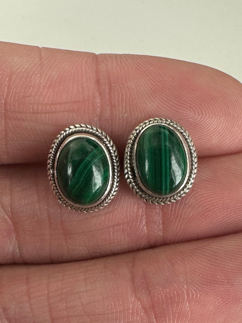 Vintage Sterling Silver Oval Malachite Stud Earrings .5”