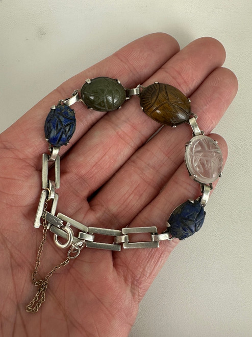 Vintage Early MCM Sterling Silver Graduated Stone Carved Scarab Bracelet