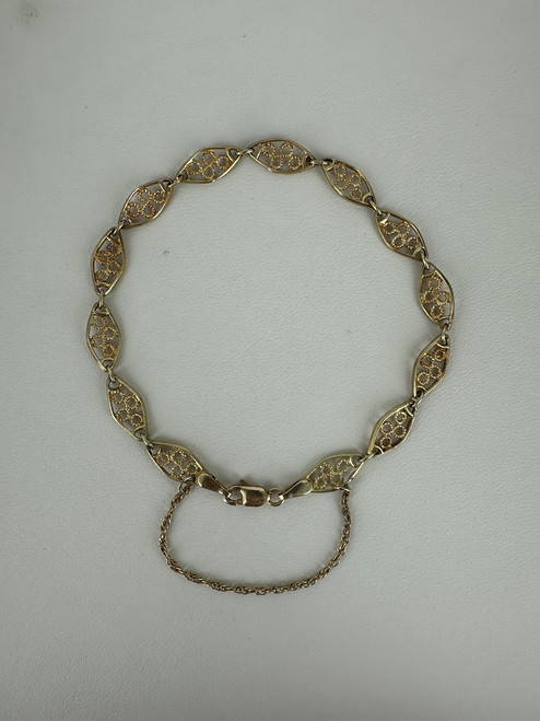 Vintage MCM 14k Gold Filigree Link Chain Bracelet 7.25”