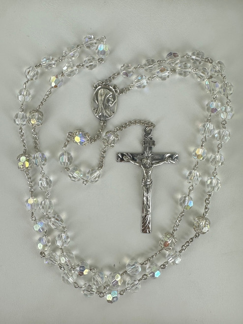 Vintage Sterling Silver Aurora Borealis Filigree Beaded Rosary Crucifix Pendant Necklace 32”