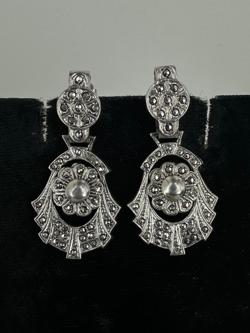 Antique Art Deco Flower Fan Shaped Marcasite Dangle/Drop Earrings