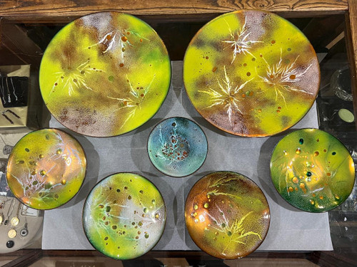Vintage MCM E.M. Hirst Signed Enamel Copper Plate & Bowl Set 7 Pc Set - Abstract