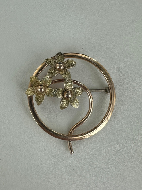 Vintage Krementz Diana Rolled Gold Floral Brooch/Pin 1.5”