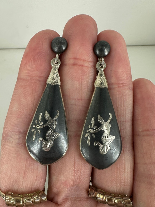 Vintage 1930s Siam Nielloware Sterling Goddess Screw Back Dangle/Drop Earrings 2.5”