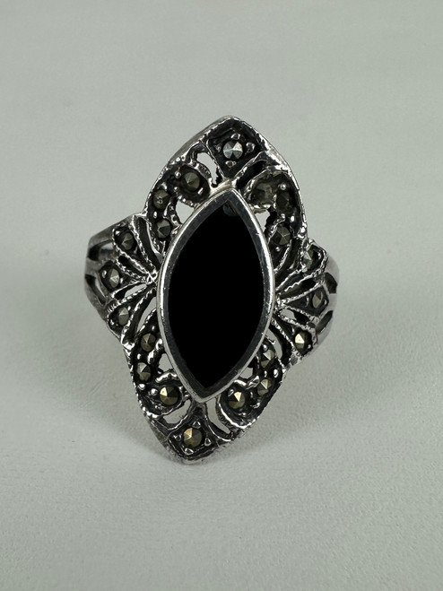 Vintage Art Deco Revival Sterling Silver Black Onyx Marcasite Navette Ring 6.25