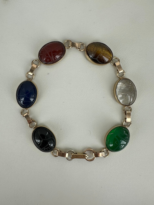 Vintage Gold Filled Scarab Carved Multi Gemstone Link Bracelet 7.75”