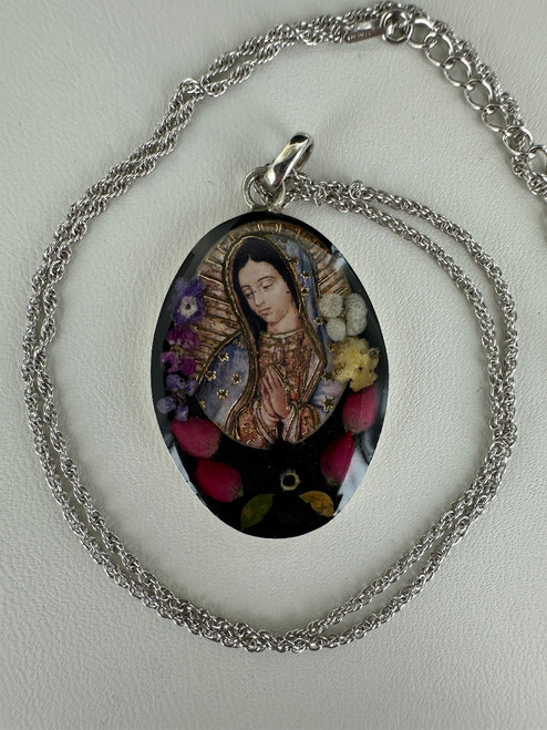 Vintage Sterling Silver Mexico Oval Our Lady of Guadalupe Flower Resin Pendant Necklace
