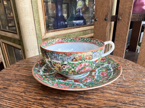 Vintage Chinese Rose Medallion Style Porcelain Tea Cup & Saucer - Mid Century
