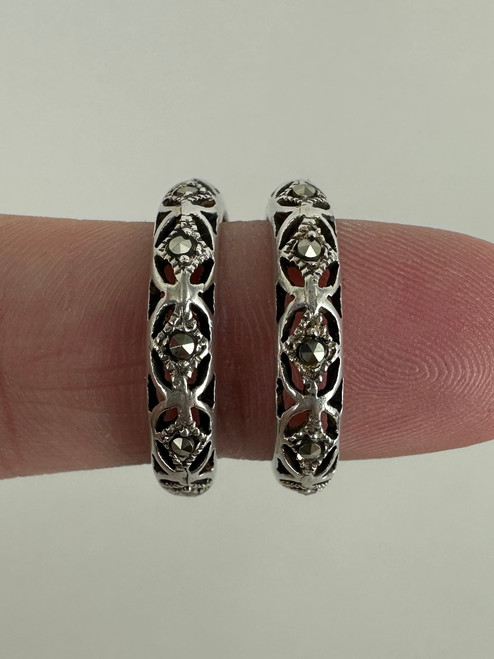 Vintage MCM Sterling Silver Marcasite Filigree Half Hoop Earrings