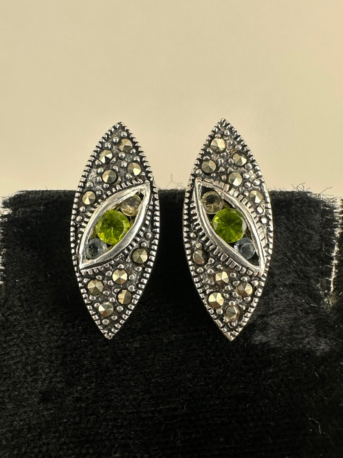 Vintage MCM Sterling Silver Tri Color Paste Marcasite Marquise Shaped Earrings