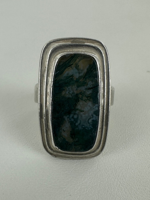 Vintage MCM Sterling Silver Long Rectangle Moss Agate Ring 6.5