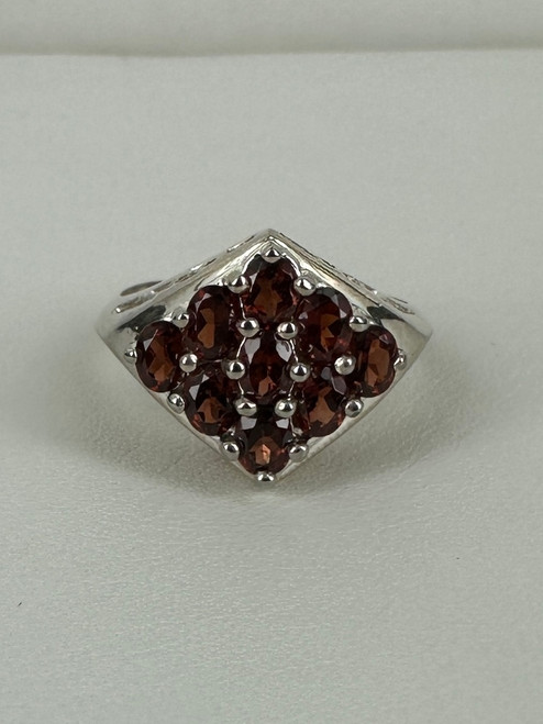 Vintage Art Deco Revival Sterling Silver Garnet Cluster Filigree Ring 7.5