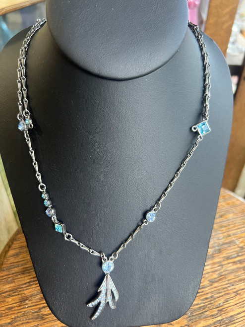 Vintage Givenchy Signed Gun Metal  & Blue Crystal 70s- 80s  Pendant Necklace 22"