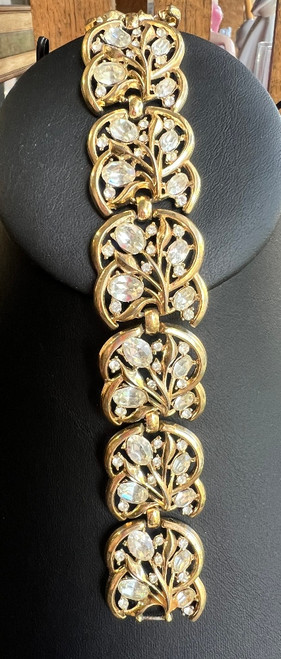 Vintage Crown Trifari MCM Wide Rhinestone Floral Leaf Gold Bracelet 7.75"