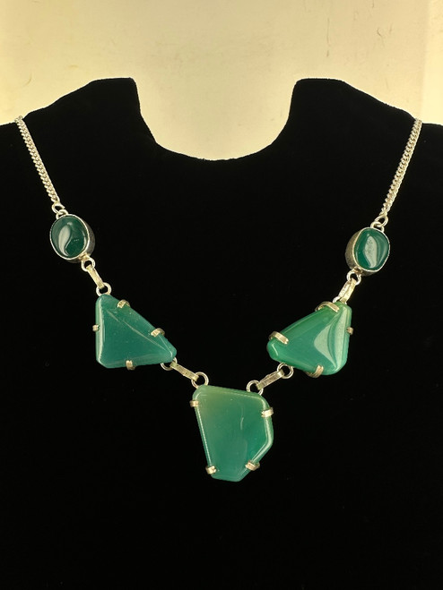 Vintage Sterling Silver Natural Green Chrysoprase Chalcedony Handmade Necklace