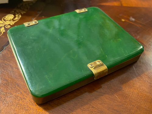Vintage Deco 1936 Bakelite Catalin Cigarette Case Box Green Marbled Brass Hinges