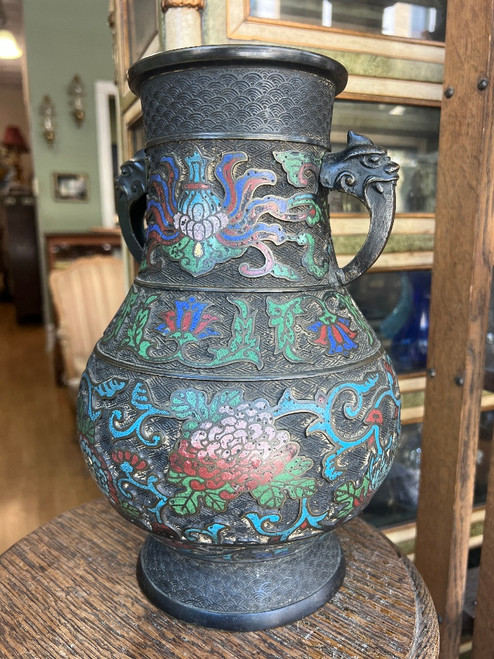 Antique Late 19th C. Chinese Champlevé Enamel Bronze Vase Urn Fu Handles 11”+