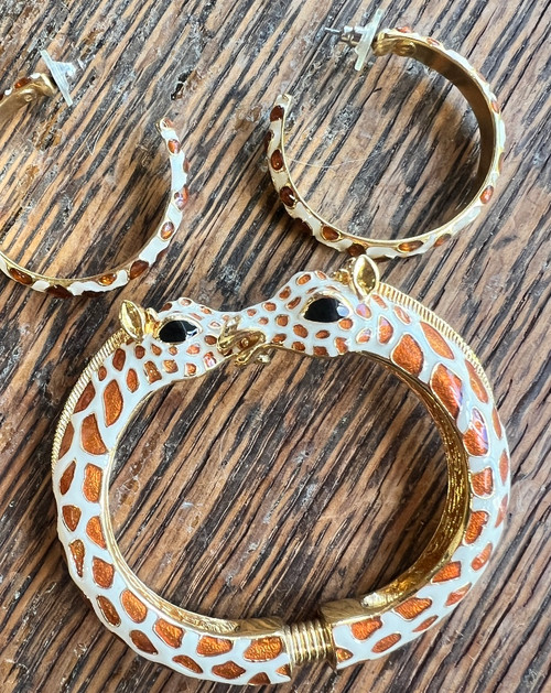 Vintage Kenneth Jay Lane KJL Giraffe Caramel & Wh Enamel Bracelet Earrings Set