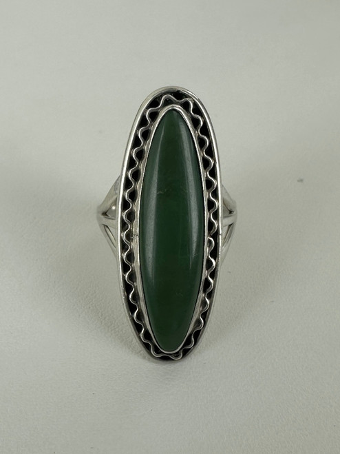 Vintage Sterling Silver Navajo Long Marquise Green Turquoise Ring 6.25