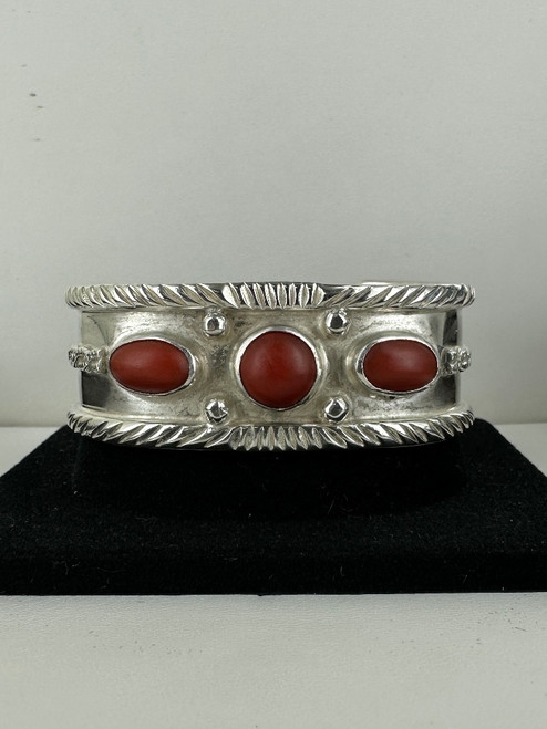 Vintage Sterling Silver Navajo Sand Casted Red Coral Cuff Bracelet