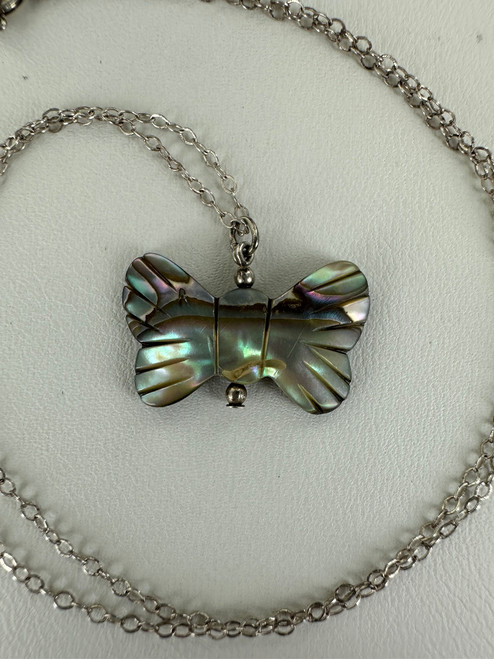 Vintage Sterling Silver Butterfly Carved Abalone Pendant Necklace 16”