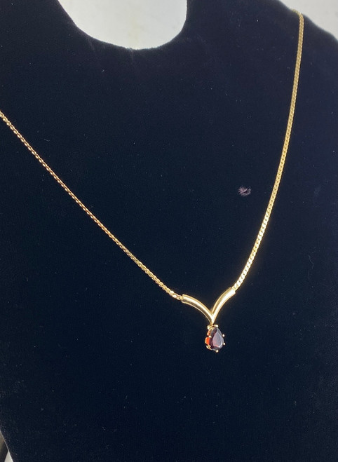 Vintage Garnet V-Bar Chevron Necklace 1970s Costume Unsigned Rich Gold Tone Jewelry