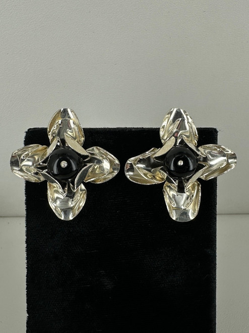 Vintage Sterling Silver Taxco Mexico Handmade Flower Black Onyx Bead Earrings