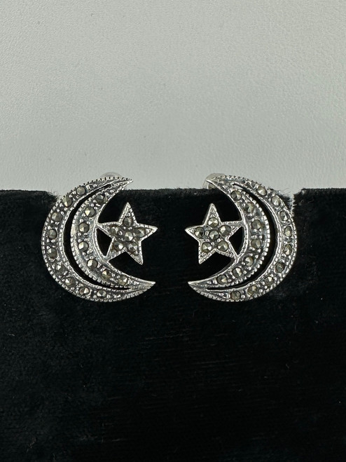 Vintage Sterling Silver Marcasite Crescent Moon Star Earrings