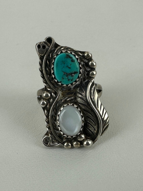 Vintage Sterling Silver Navajo Moonstone Turquoise Leaf Ring 5.25
