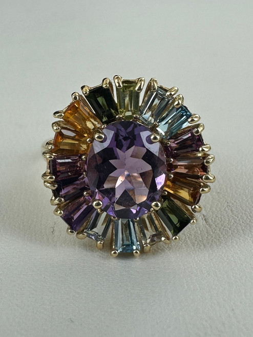 Vintage MCM 10k Gold Multi Gemstone Rainbow Halo Cocktail Ring 8