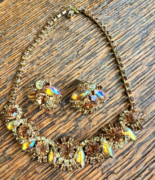Vintage Juliana D&E  Golden Topaz AB Cab Rhinestone Necklace Earring Set 15."5