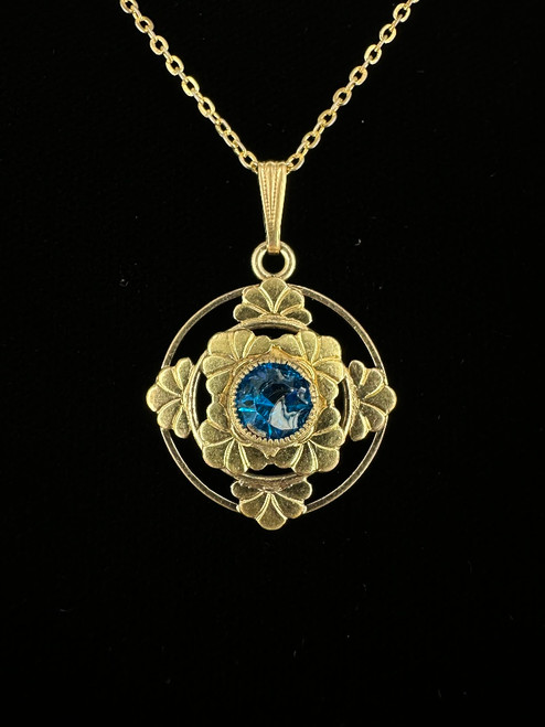 Antique Art Nouveau Gold Filled Vibrant Blue Paste Ornate Pendant Necklace 18”