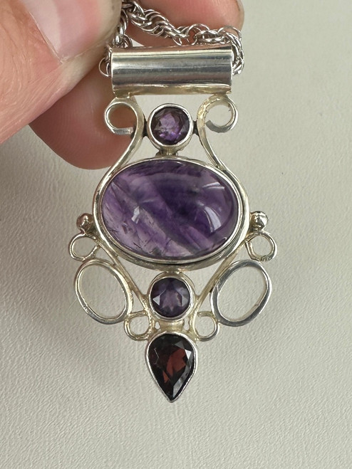 Vintage Sterling Silver Bali Amethyst Garnet Large Pendant Necklace 20”