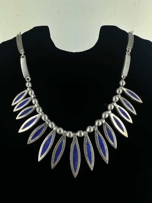 Vintage Sterling Silver Taxco Mexico Heavy Lapis Lazuli Bib Necklace