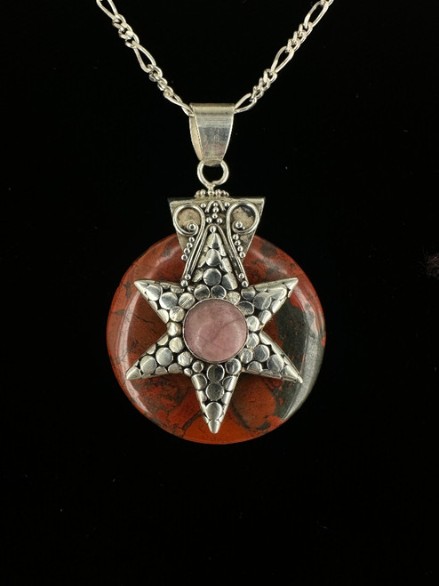 Vintage Sterling Rolling Bloodstone Pink Agate 6 Point Star Pendant Necklace 18”