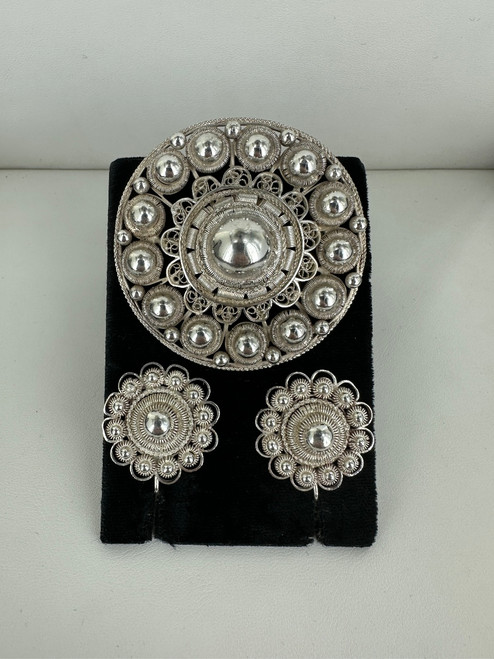 Vintage Sterling Etruscan Cannetille Filigree Circle Button Brooch Earrings Set