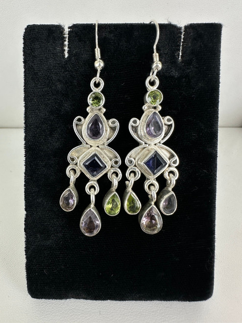 Vintage Sterling Silver Bali Multi Gemstone Dangle/Drop Earrings
