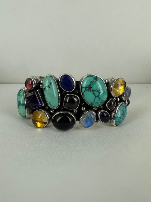Vintage Sterling Navajo Multi Faceted Mixed Gemstone Hand Crafted Cuff Bracelet
