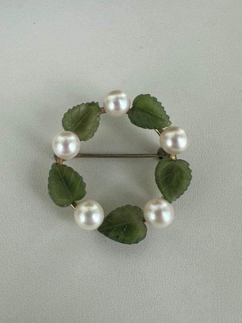 Vintage 12k GF Leaf Carved Jade Pearl Wreath Brooch/Pin