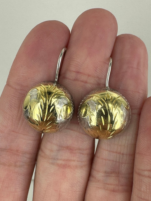 Vintage Sterling Gold Vermeil Round Fleur De Lis Engraved Dangle/Drop Earrings