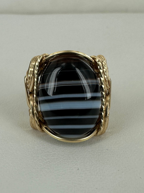 Vintage GF Handmade Wire Wrapped Black White Banded Agate Ring 6.5